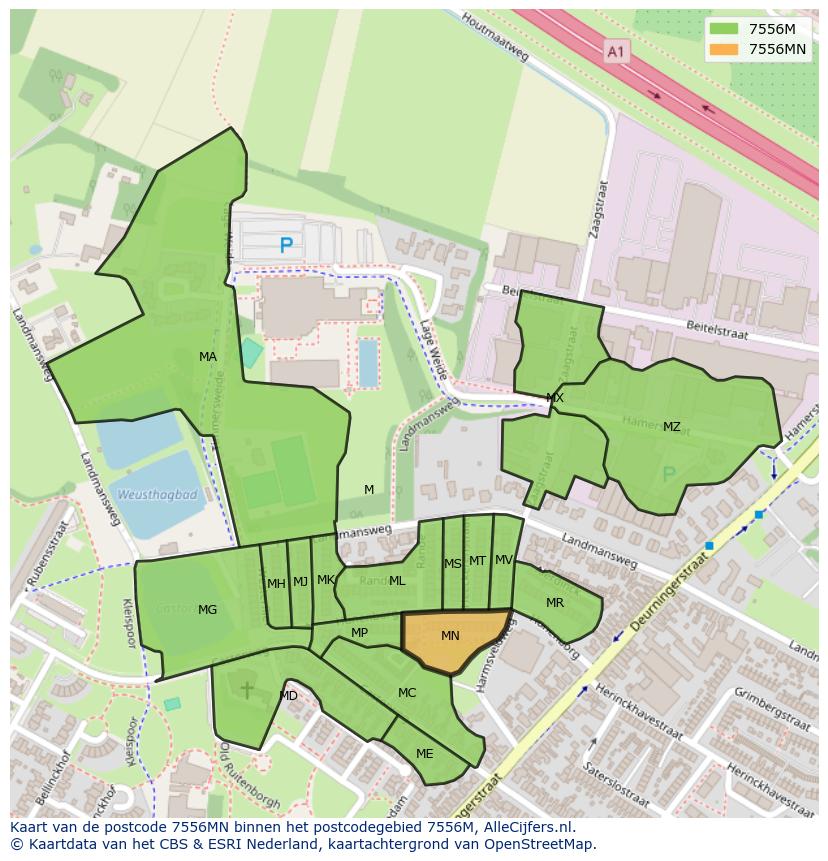 Afbeelding van het postcodegebied 7556 MN op de kaart.