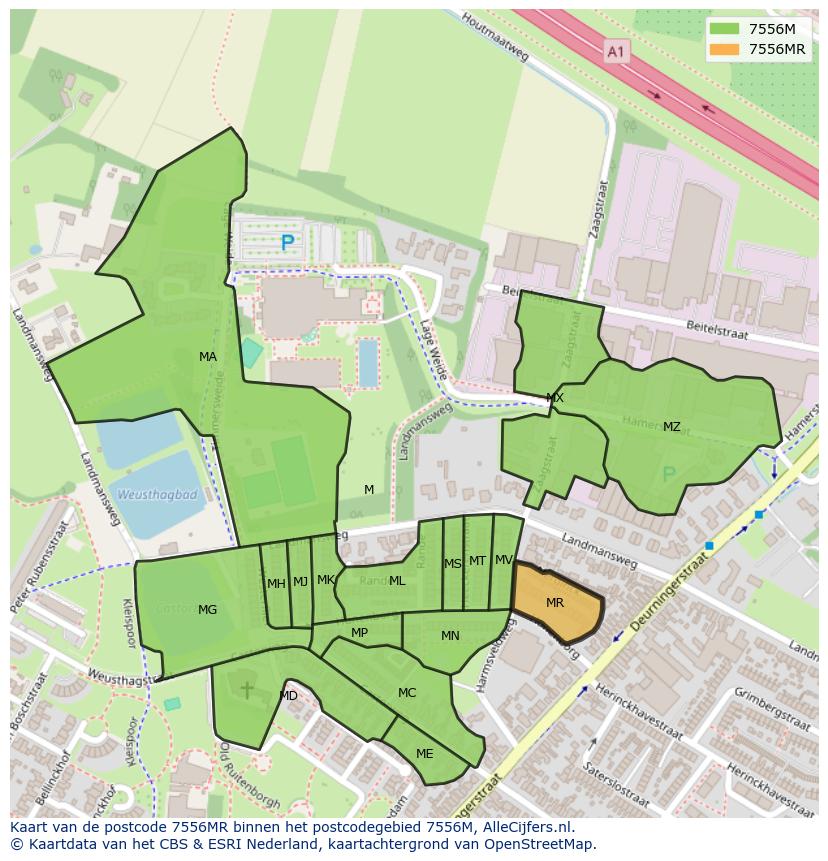 Afbeelding van het postcodegebied 7556 MR op de kaart.