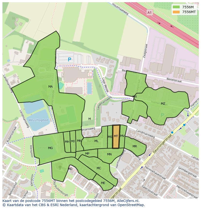 Afbeelding van het postcodegebied 7556 MT op de kaart.