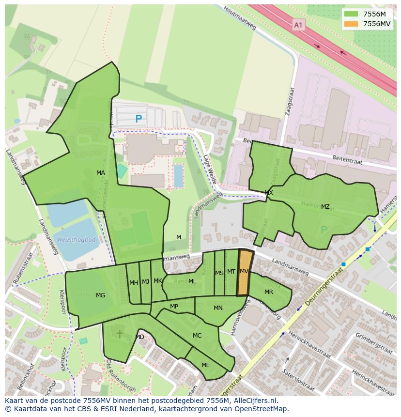 Afbeelding van het postcodegebied 7556 MV op de kaart.