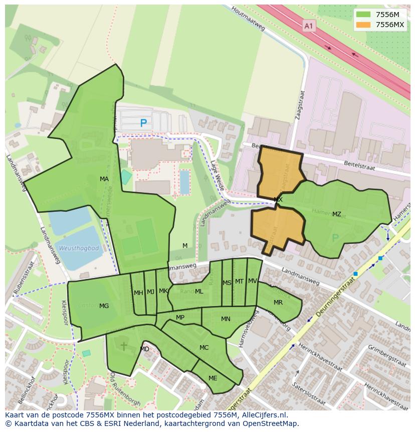 Afbeelding van het postcodegebied 7556 MX op de kaart.