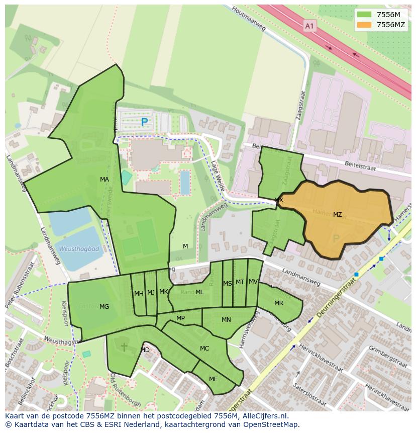 Afbeelding van het postcodegebied 7556 MZ op de kaart.
