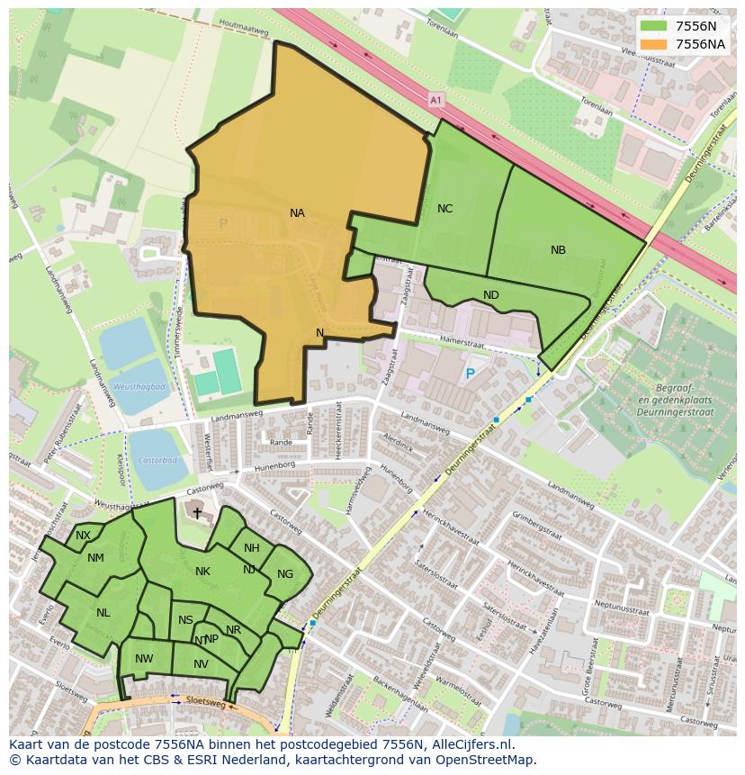 Afbeelding van het postcodegebied 7556 NA op de kaart.