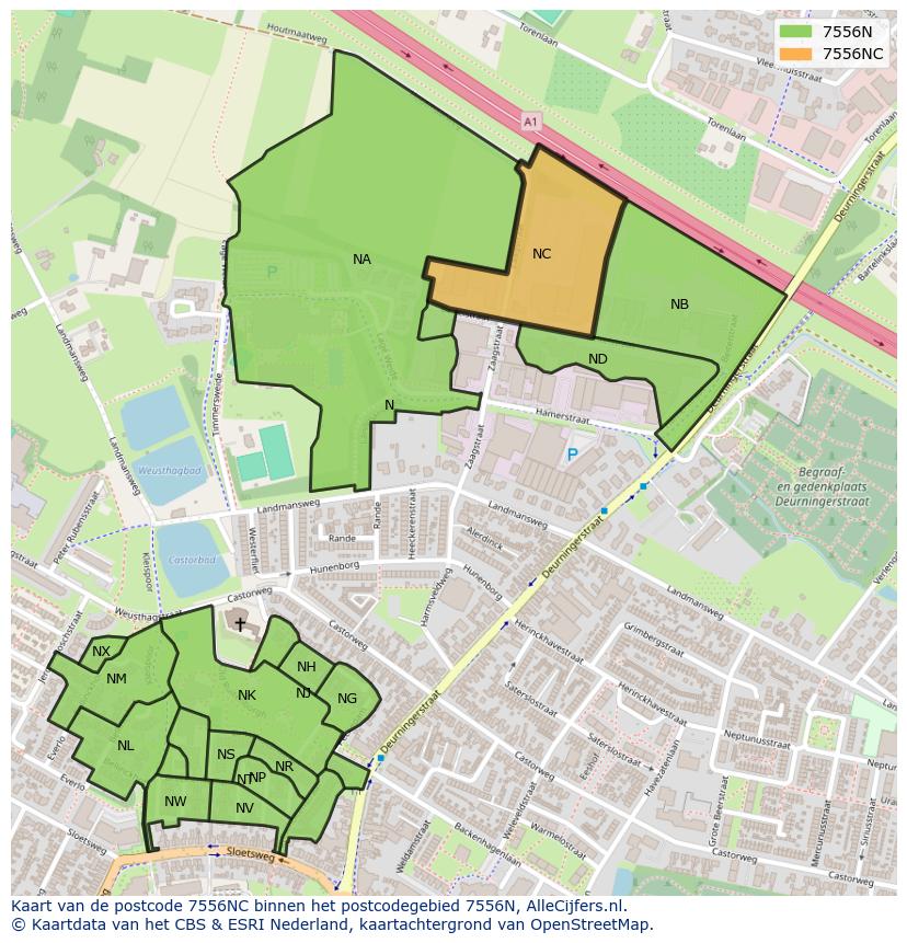 Afbeelding van het postcodegebied 7556 NC op de kaart.
