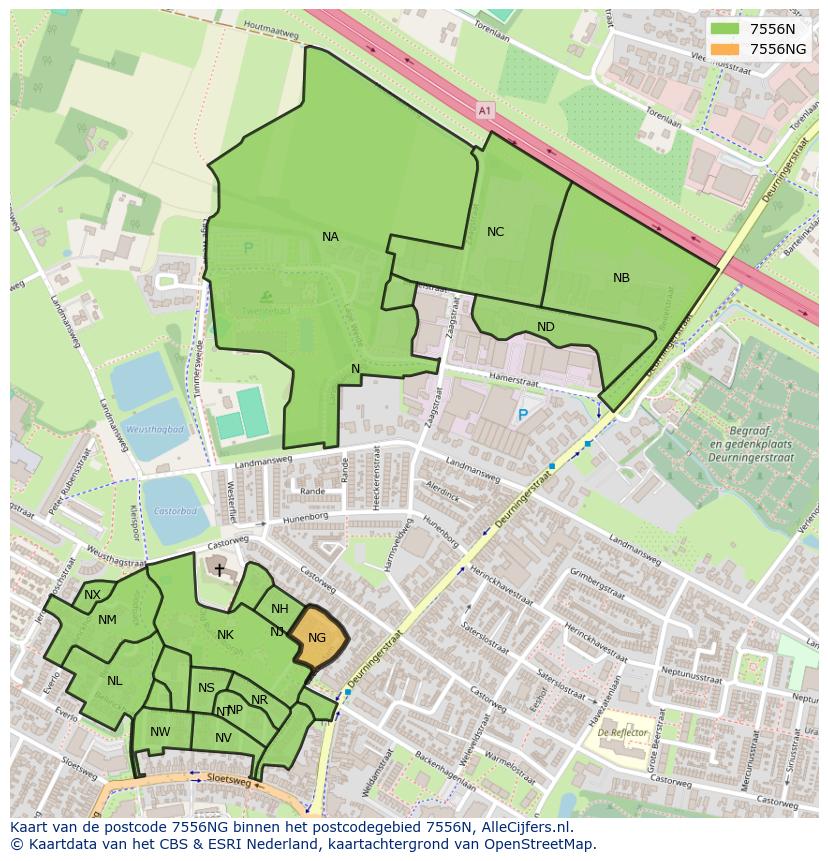 Afbeelding van het postcodegebied 7556 NG op de kaart.