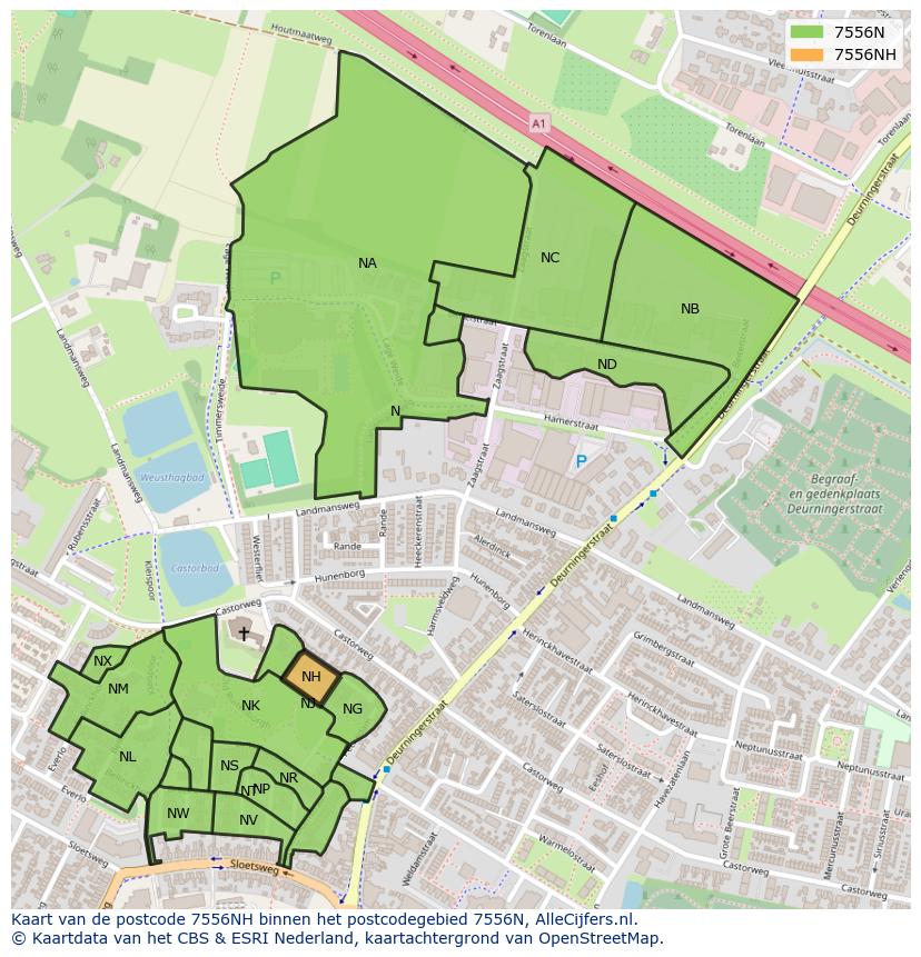 Afbeelding van het postcodegebied 7556 NH op de kaart.