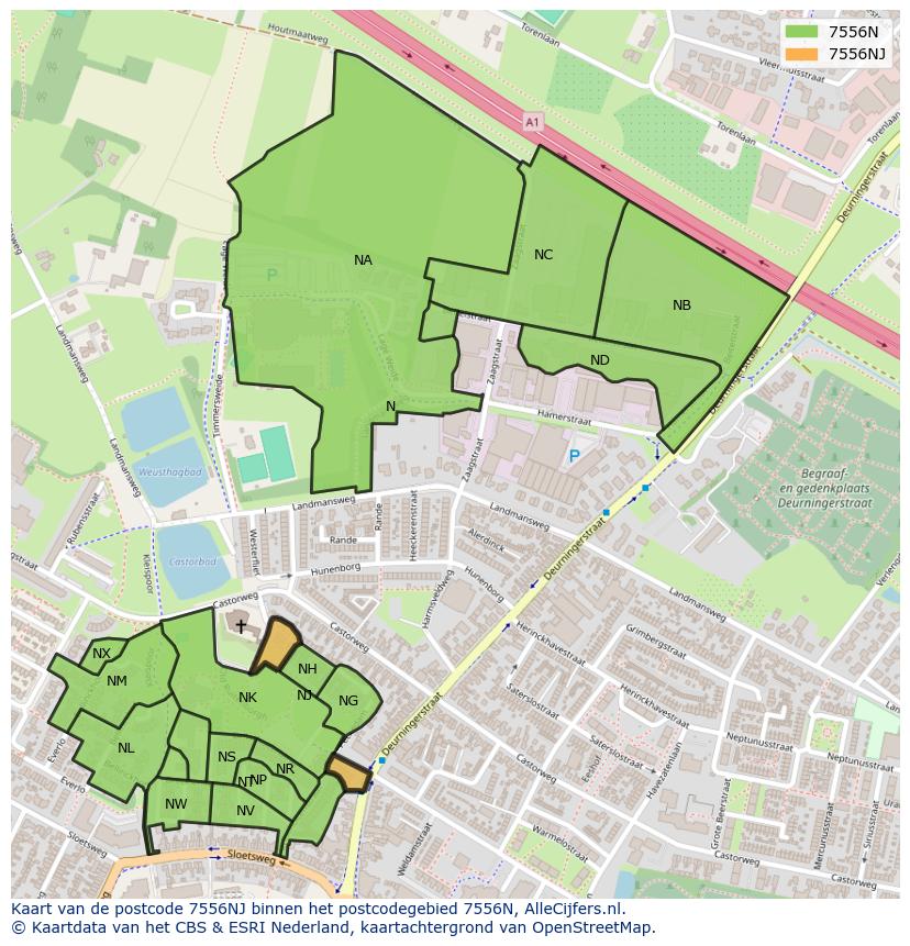 Afbeelding van het postcodegebied 7556 NJ op de kaart.