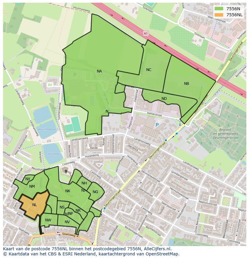 Afbeelding van het postcodegebied 7556 NL op de kaart.