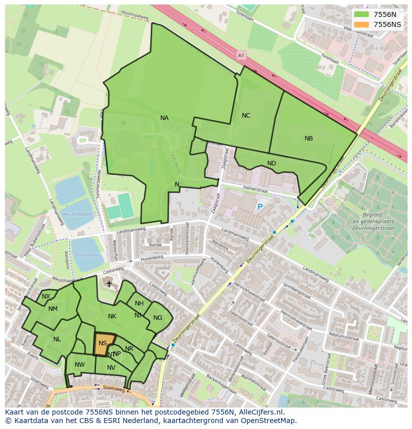 Afbeelding van het postcodegebied 7556 NS op de kaart.