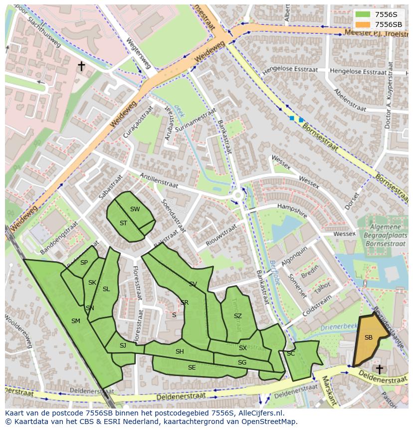 Afbeelding van het postcodegebied 7556 SB op de kaart.