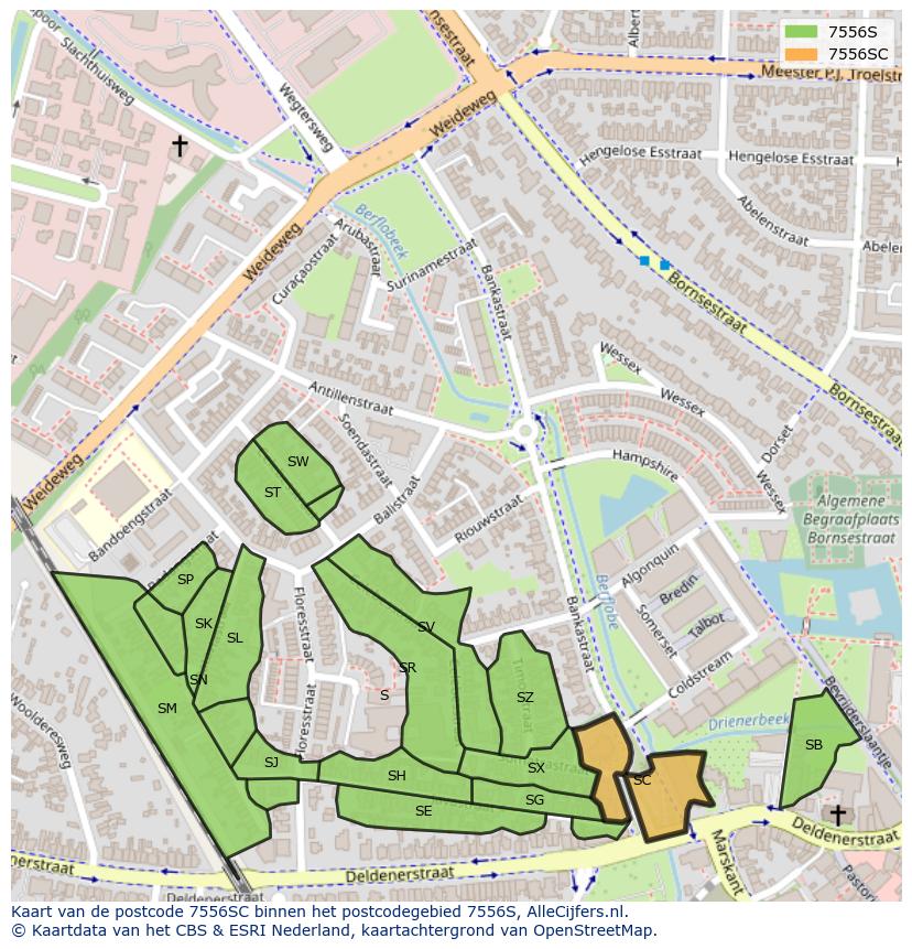 Afbeelding van het postcodegebied 7556 SC op de kaart.