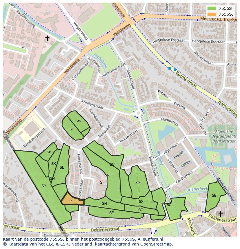 Afbeelding van het postcodegebied 7556 SJ op de kaart.