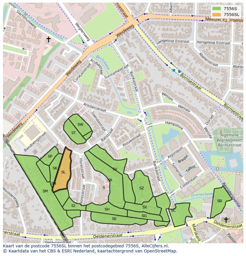 Afbeelding van het postcodegebied 7556 SL op de kaart.