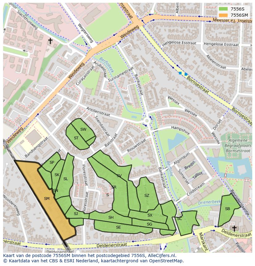 Afbeelding van het postcodegebied 7556 SM op de kaart.