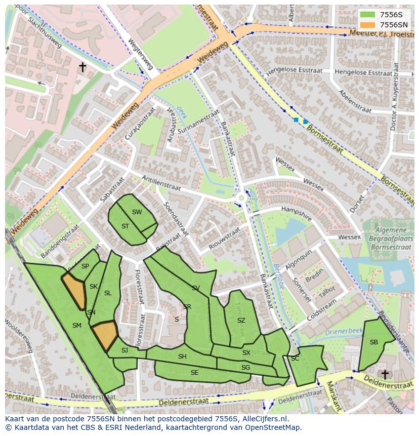 Afbeelding van het postcodegebied 7556 SN op de kaart.