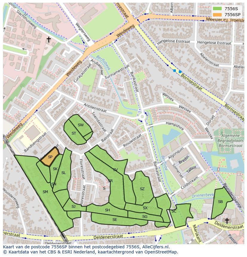 Afbeelding van het postcodegebied 7556 SP op de kaart.