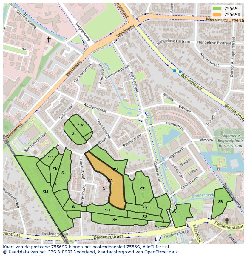 Afbeelding van het postcodegebied 7556 SR op de kaart.