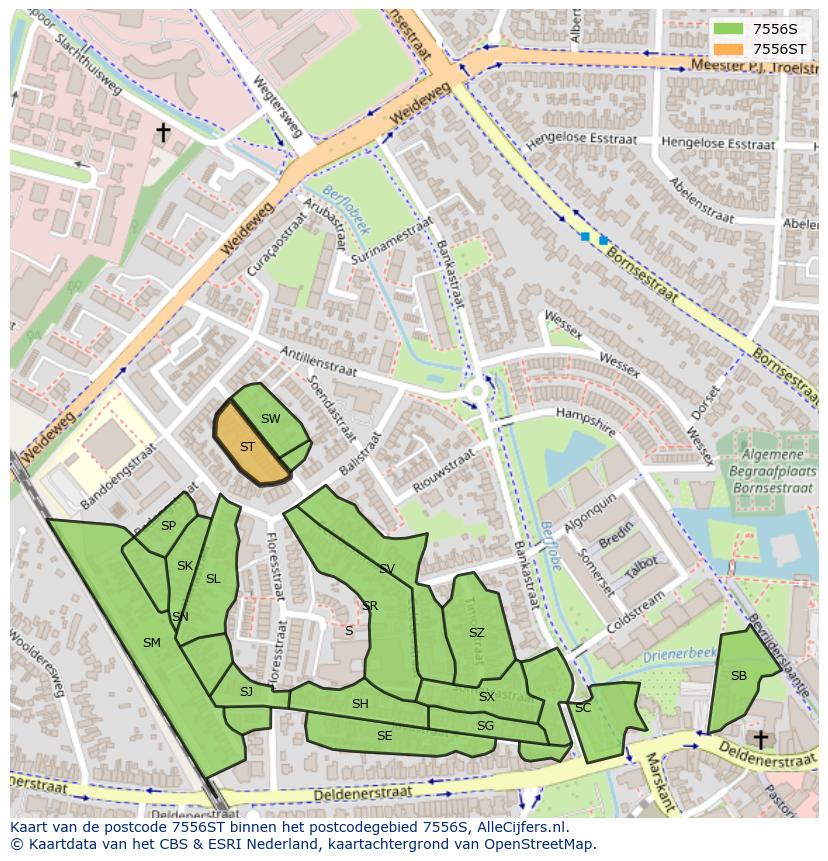 Afbeelding van het postcodegebied 7556 ST op de kaart.