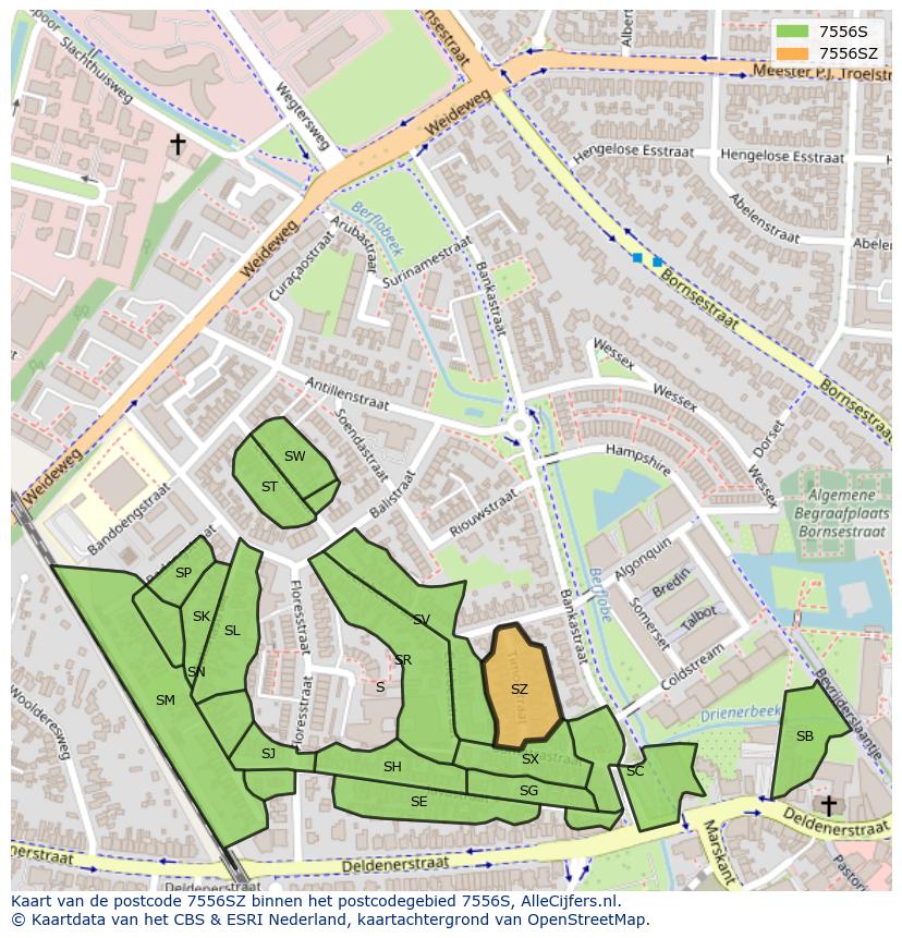 Afbeelding van het postcodegebied 7556 SZ op de kaart.