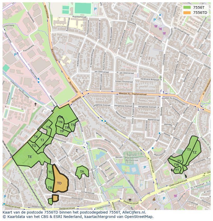 Afbeelding van het postcodegebied 7556 TD op de kaart.