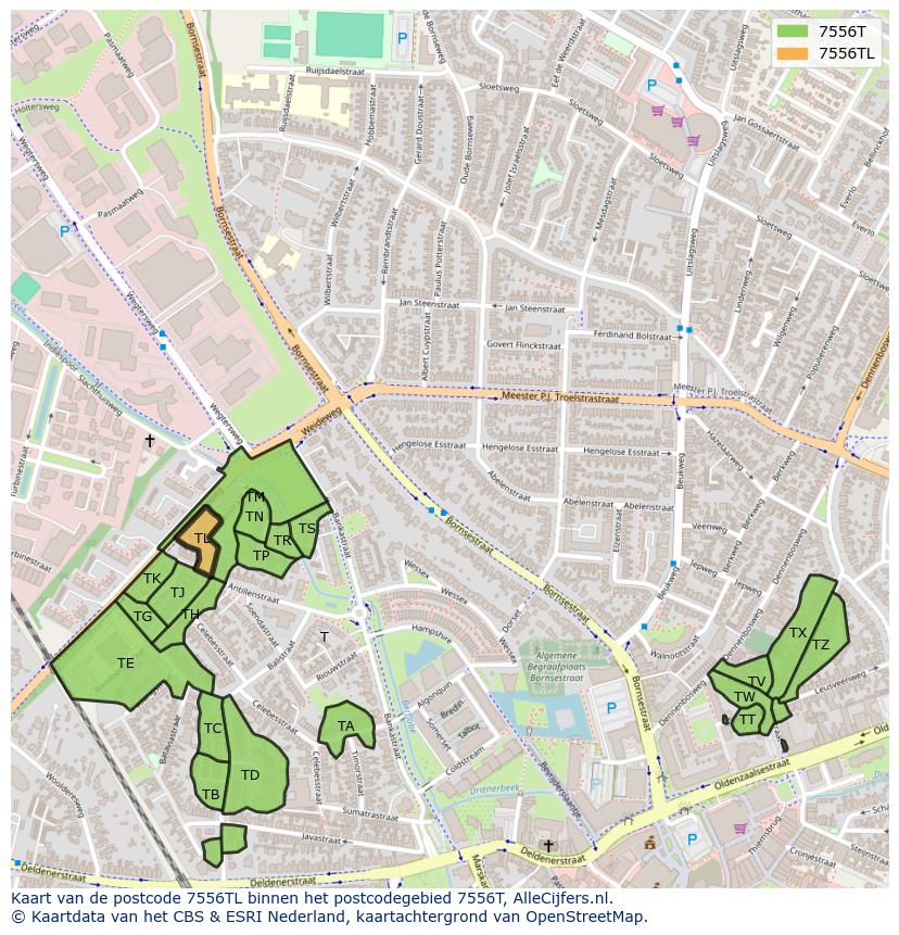 Afbeelding van het postcodegebied 7556 TL op de kaart.