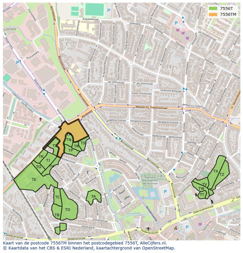 Afbeelding van het postcodegebied 7556 TM op de kaart.