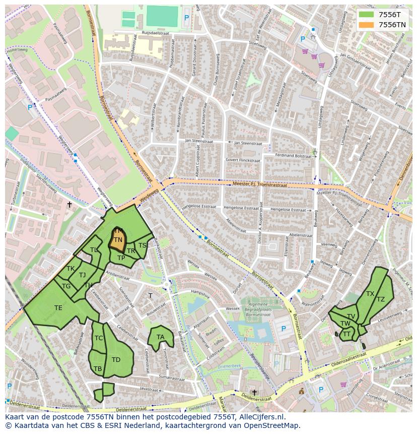 Afbeelding van het postcodegebied 7556 TN op de kaart.