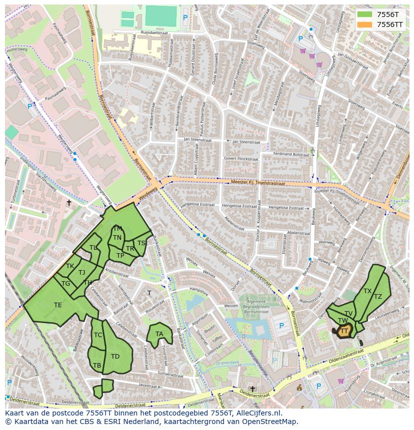 Afbeelding van het postcodegebied 7556 TT op de kaart.