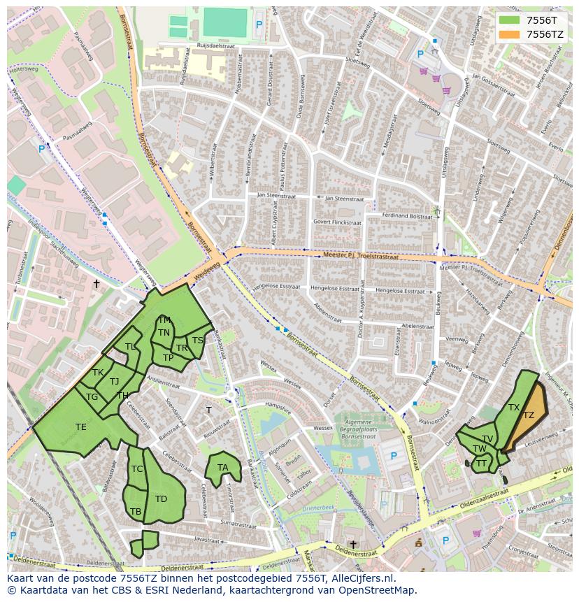 Afbeelding van het postcodegebied 7556 TZ op de kaart.