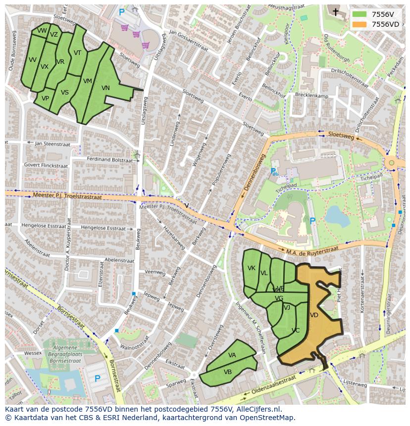 Afbeelding van het postcodegebied 7556 VD op de kaart.