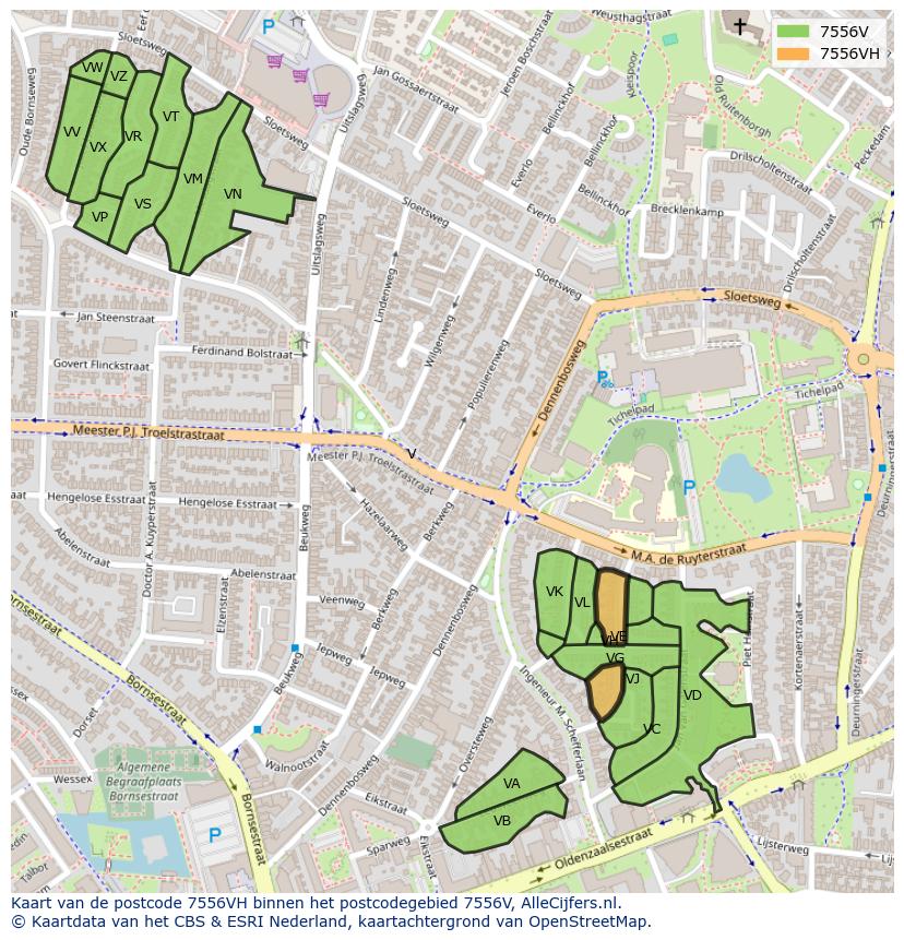 Afbeelding van het postcodegebied 7556 VH op de kaart.
