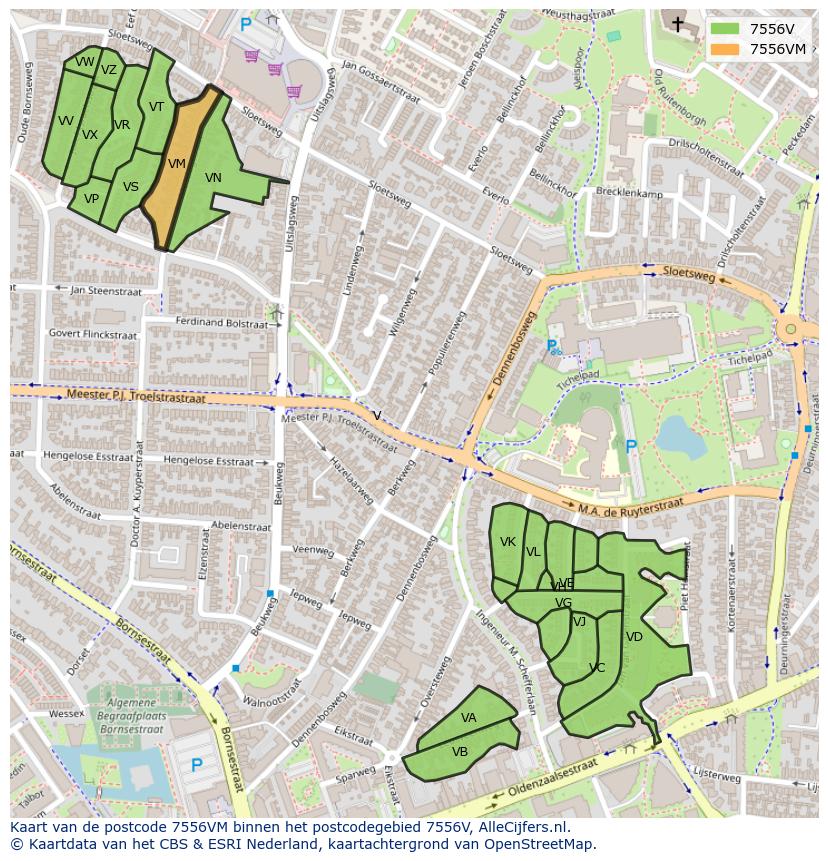 Afbeelding van het postcodegebied 7556 VM op de kaart.