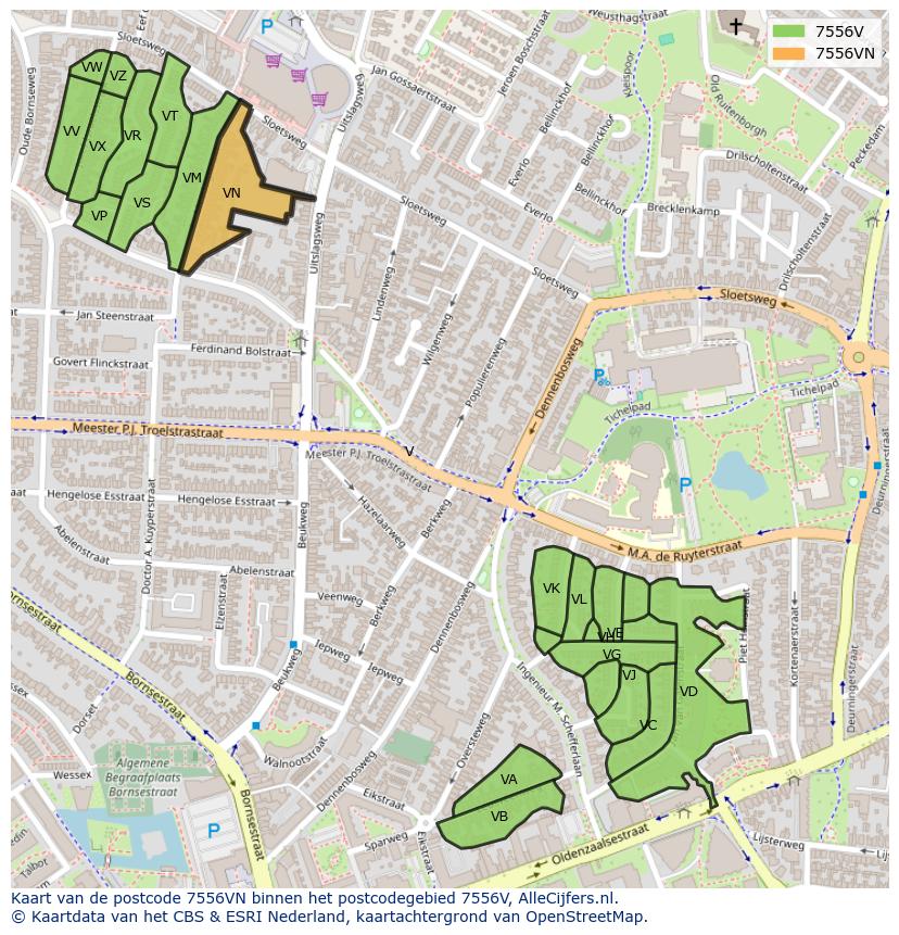 Afbeelding van het postcodegebied 7556 VN op de kaart.
