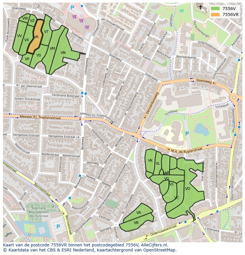 Afbeelding van het postcodegebied 7556 VR op de kaart.