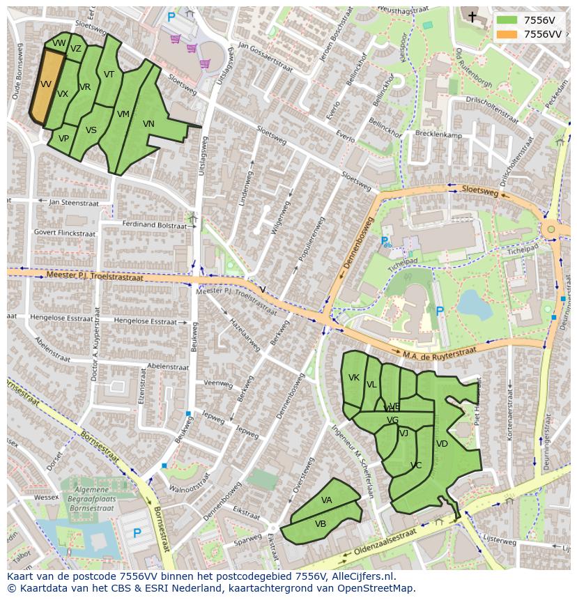 Afbeelding van het postcodegebied 7556 VV op de kaart.