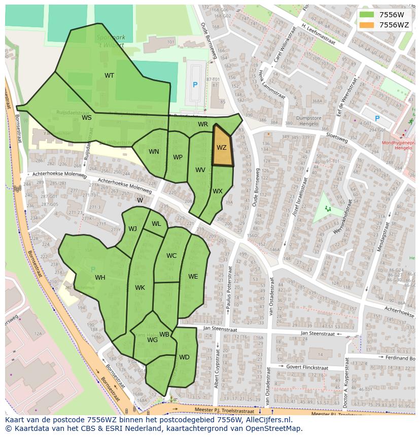 Afbeelding van het postcodegebied 7556 WZ op de kaart.