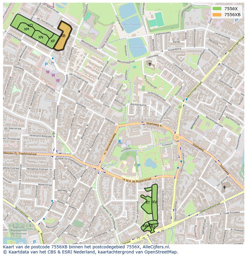 Afbeelding van het postcodegebied 7556 XB op de kaart.