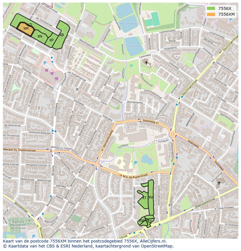 Afbeelding van het postcodegebied 7556 XM op de kaart.