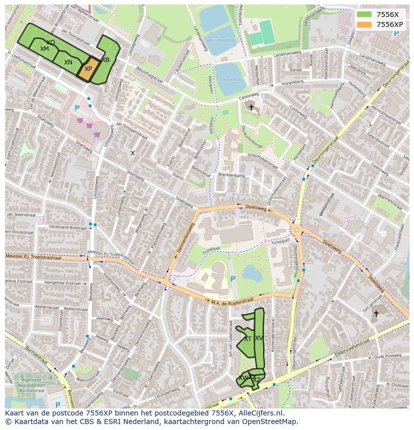 Afbeelding van het postcodegebied 7556 XP op de kaart.