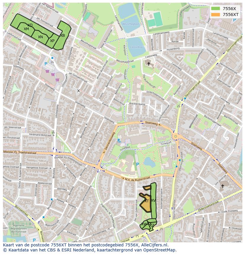 Afbeelding van het postcodegebied 7556 XT op de kaart.