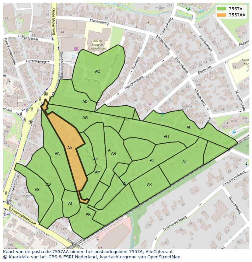 Afbeelding van het postcodegebied 7557 AA op de kaart.