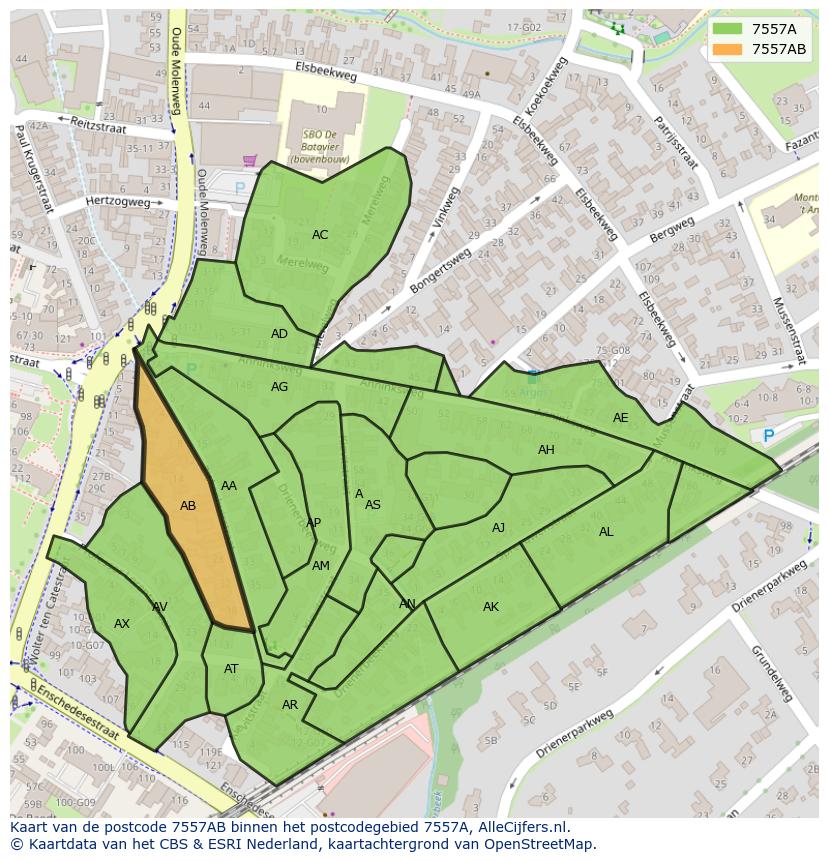 Afbeelding van het postcodegebied 7557 AB op de kaart.