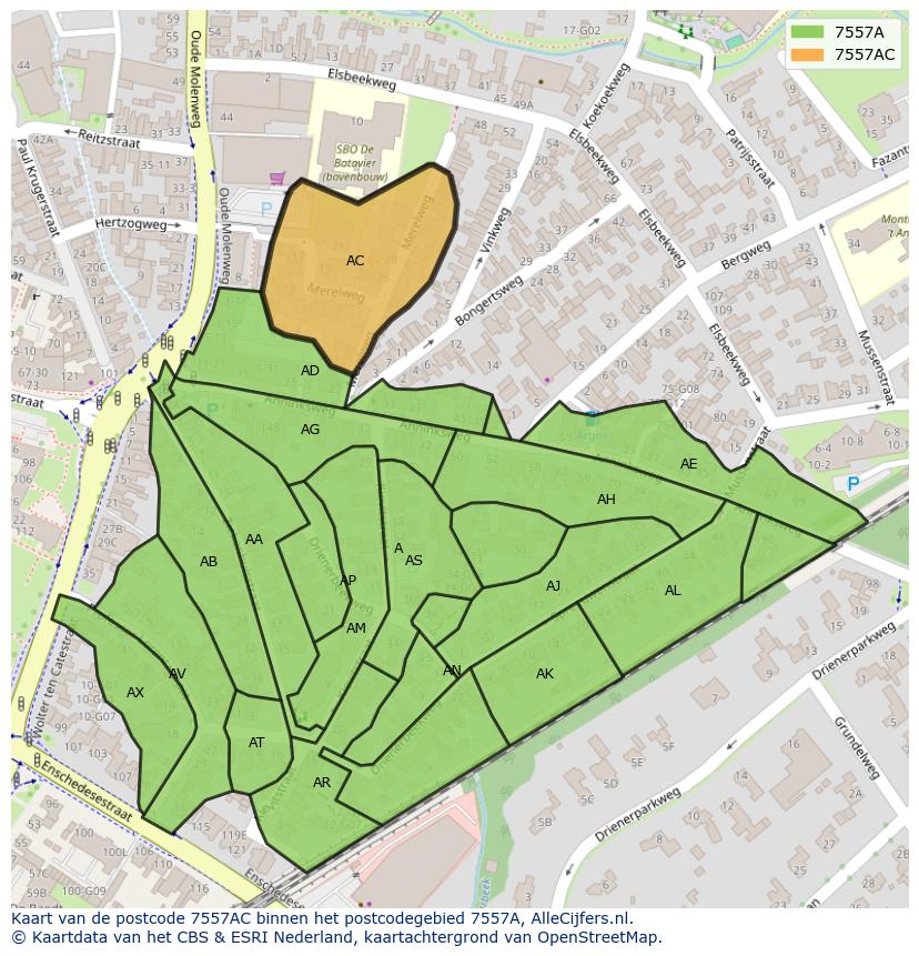 Afbeelding van het postcodegebied 7557 AC op de kaart.