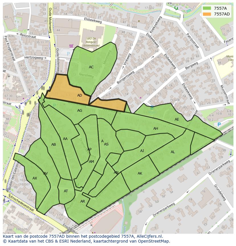 Afbeelding van het postcodegebied 7557 AD op de kaart.