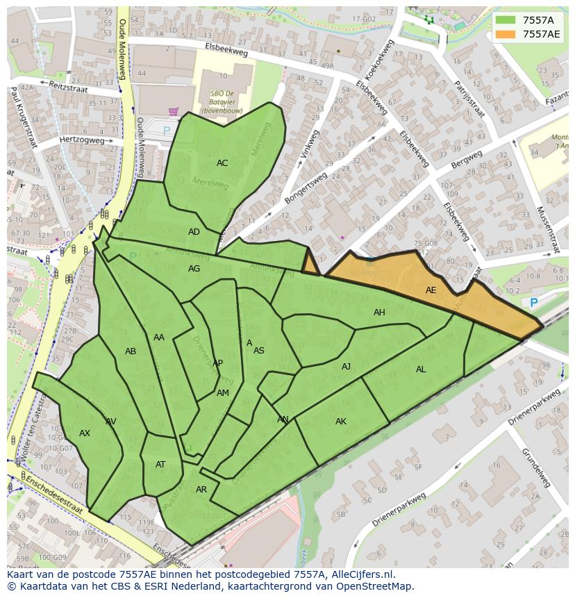 Afbeelding van het postcodegebied 7557 AE op de kaart.