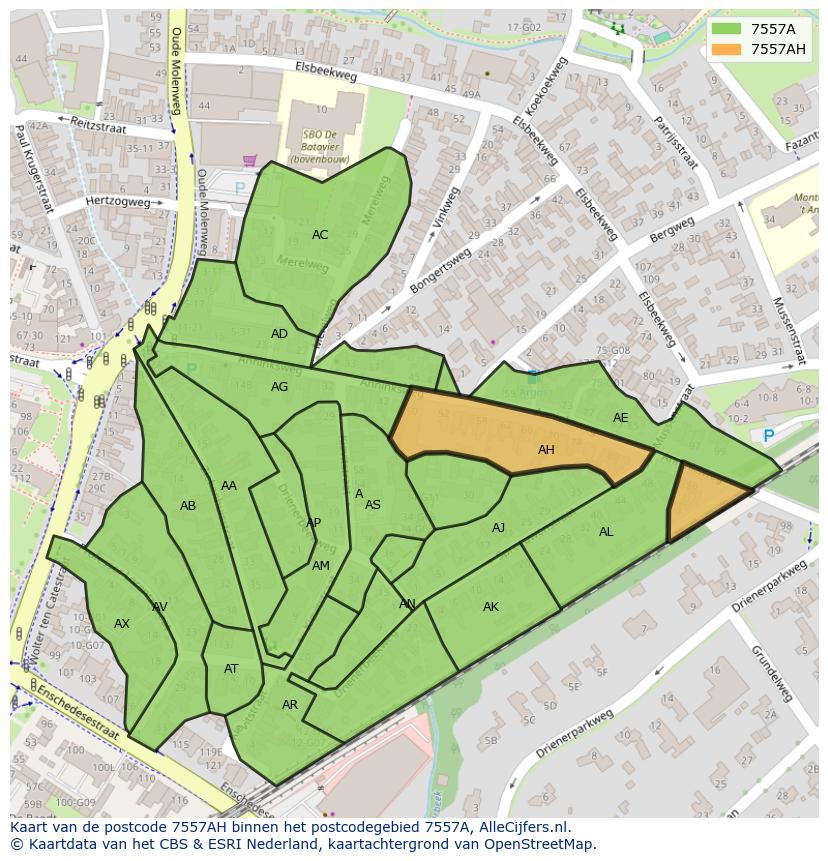 Afbeelding van het postcodegebied 7557 AH op de kaart.