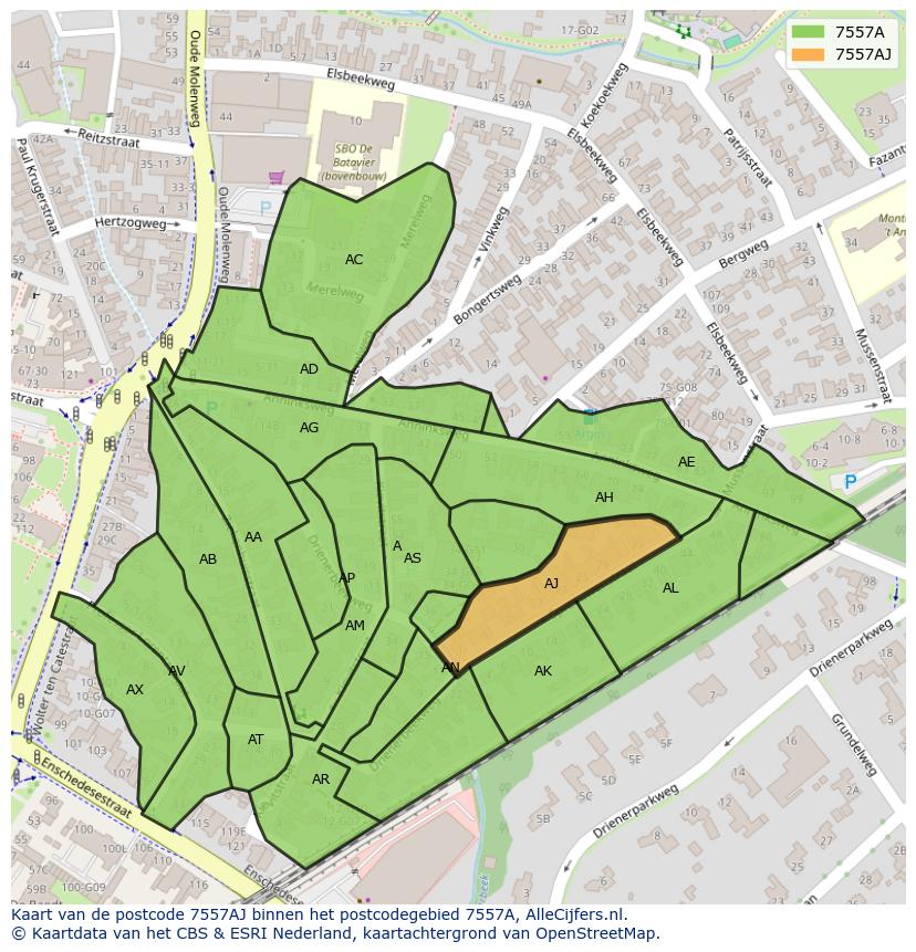 Afbeelding van het postcodegebied 7557 AJ op de kaart.