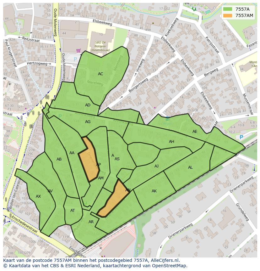 Afbeelding van het postcodegebied 7557 AM op de kaart.