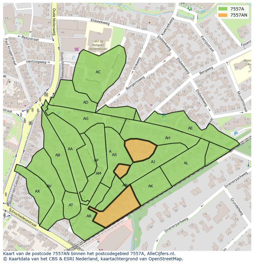 Afbeelding van het postcodegebied 7557 AN op de kaart.