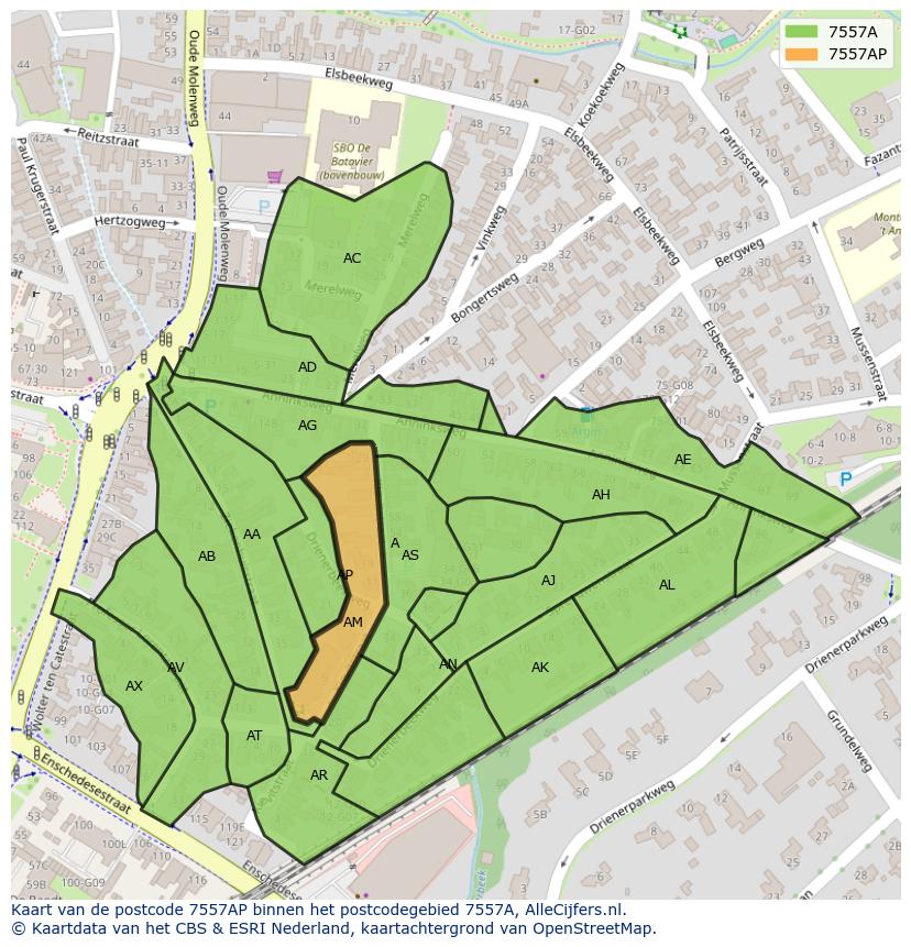 Afbeelding van het postcodegebied 7557 AP op de kaart.